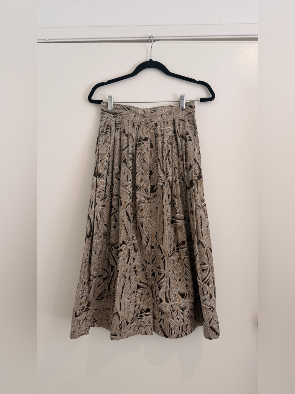 Vintage Midi Skirt Brown 80’s Abstract Melbourne Station Pleated Cotton S
